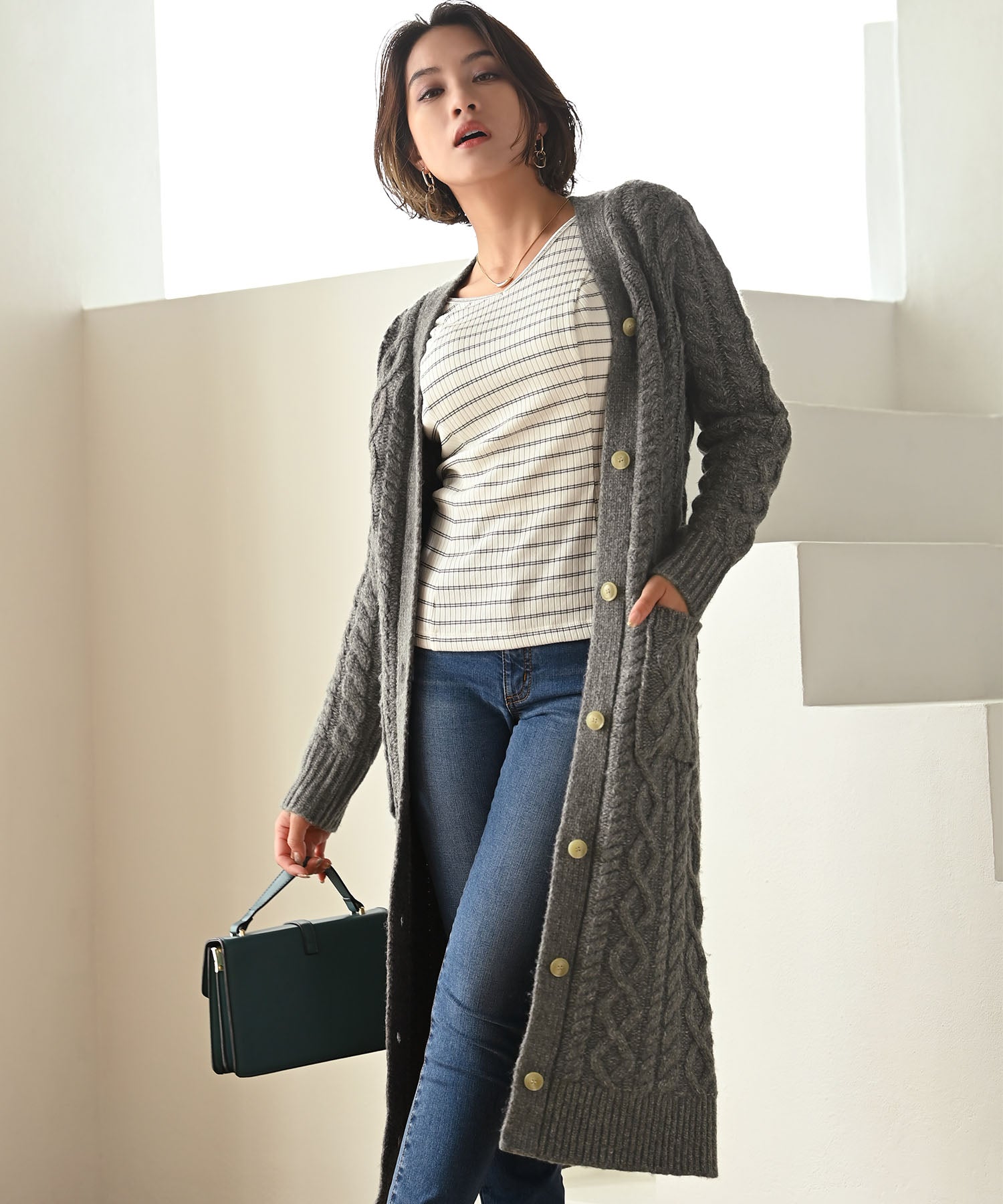 EDIT FOR LULU ロングケーブルニットカーディガン DAY CLOSET ニット セーター レディース 長袖ぷっくりケーブル