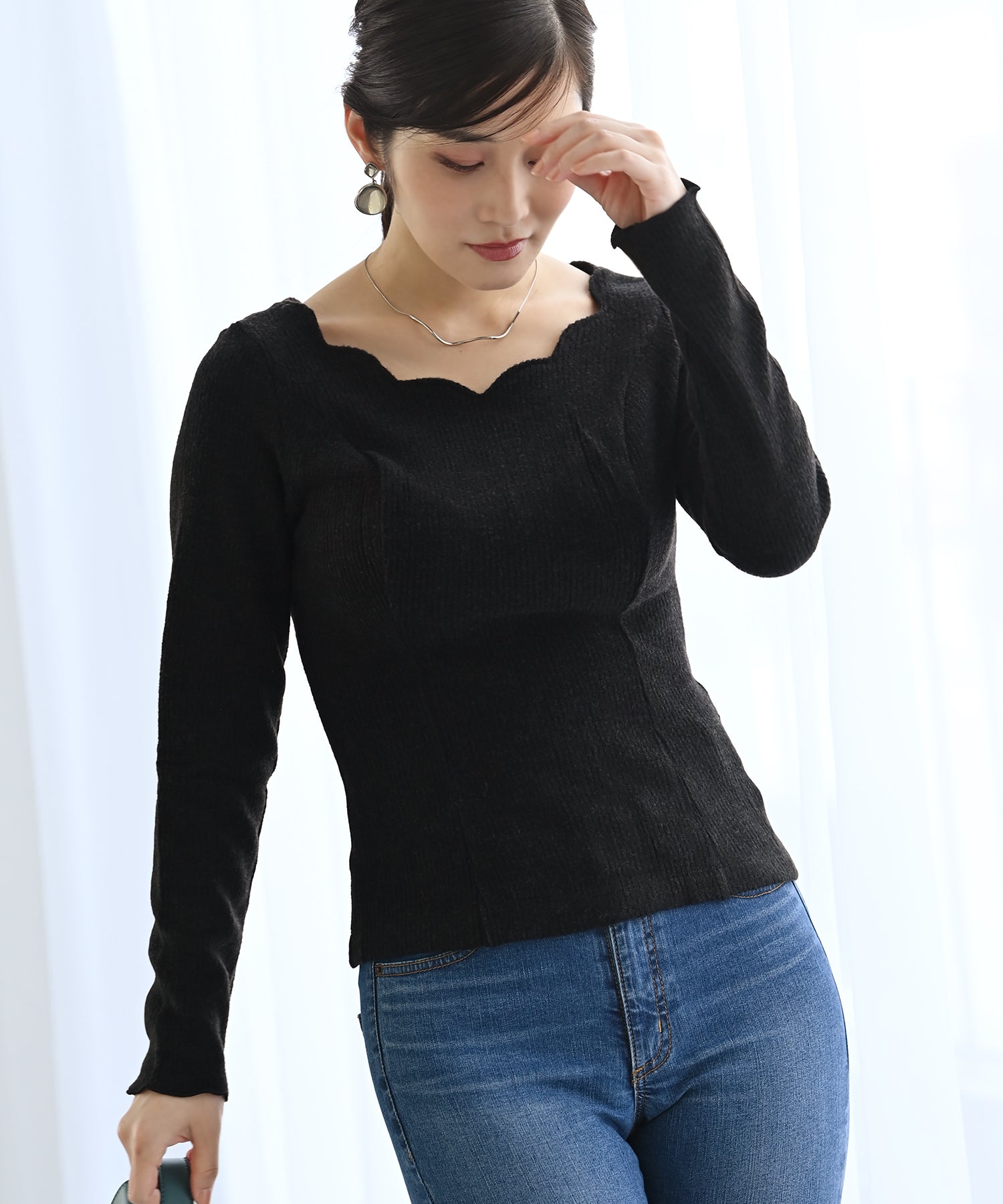 長袖リブスカラップカットソー – TOPS / トップス – HEART CLOSET