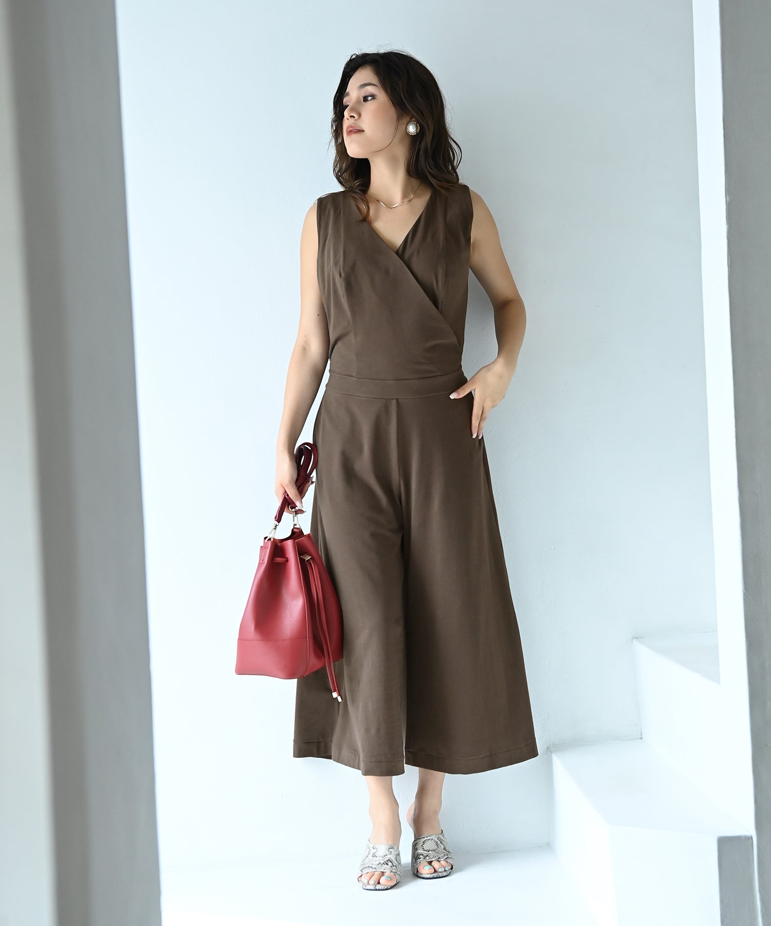 Drawer コットンノースリーブオールインワン Drawer ドゥロワー