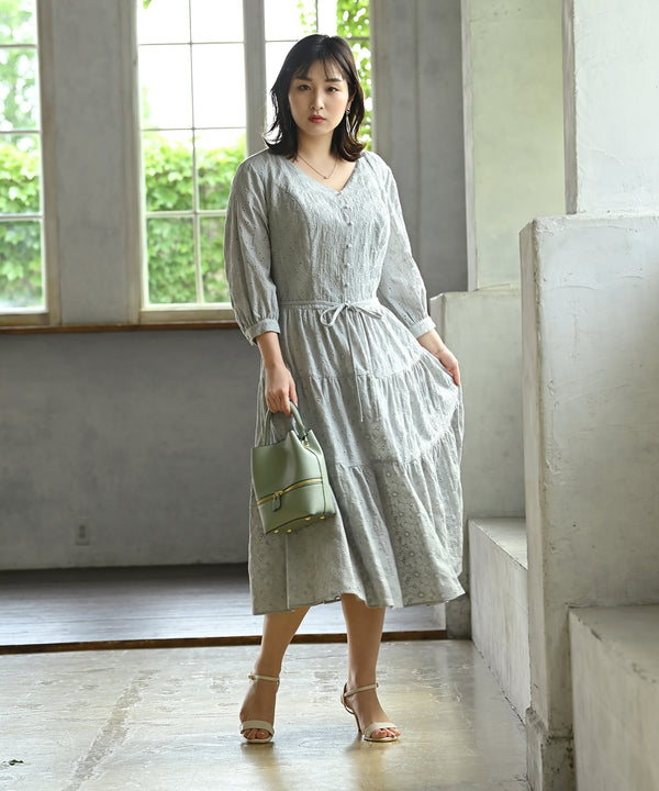 45R コットンワンピース ne Quittez pas｜コットン ボイル ストライプ ギャザー ドレス